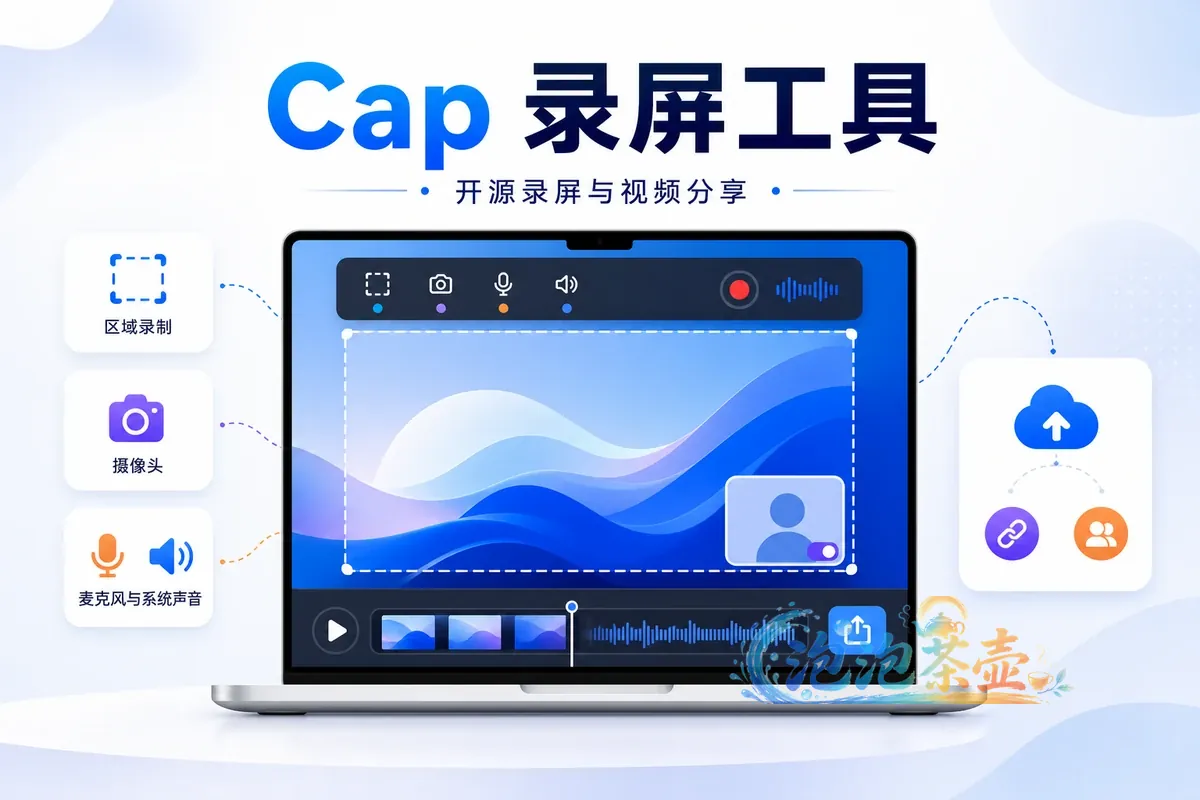 Cap 录屏工具区域录制、摄像头、音频与分享功能封面