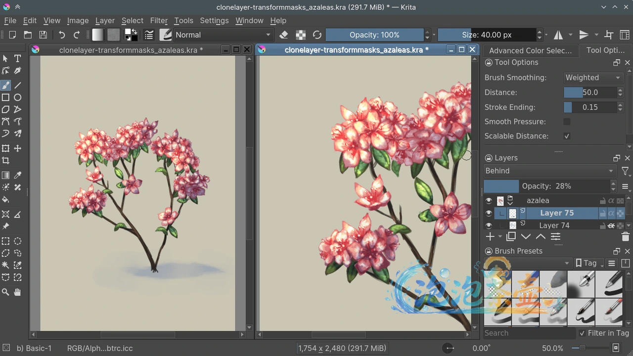 Krita 官方手册中的多视图、图层面板、画笔预设与工具选项界面
