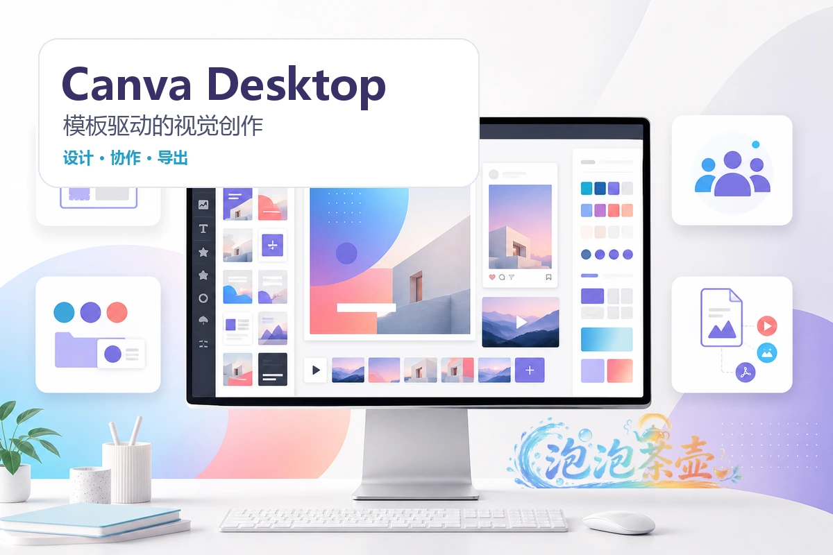 Canva Desktop 模板编辑与视觉内容制作封面,展示版式、品牌色、团队协作和多格式导出场景