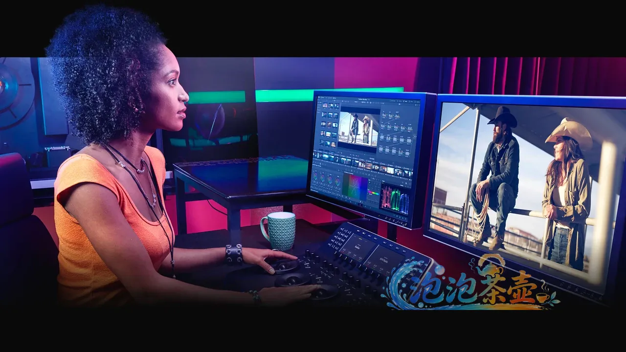 DaVinci Resolve 官方调色工作区，画面可见节点、色轮、示波器与调色控制台