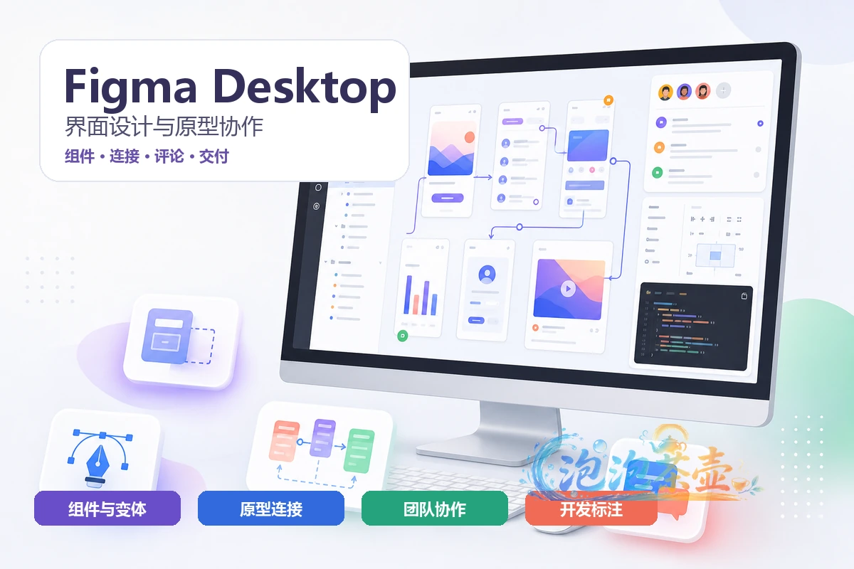 Figma Desktop 界面设计与原型协作封面,展示组件、原型连接、团队评论与开发标注
