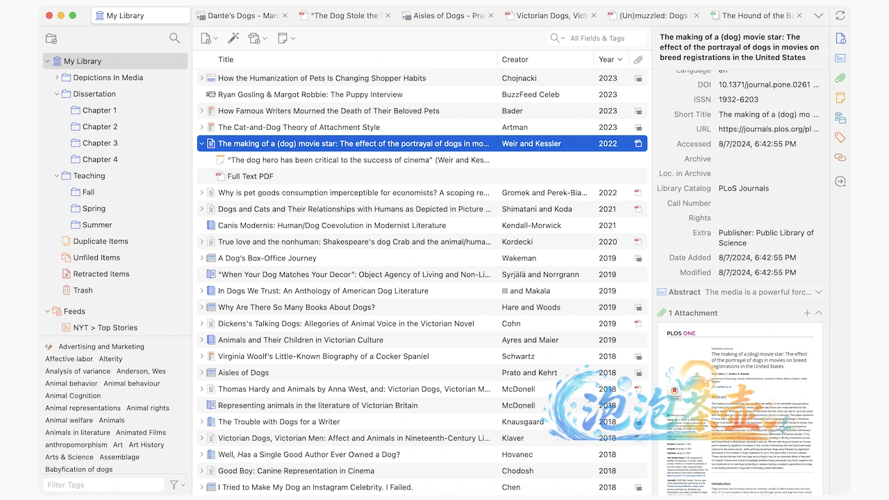 Zotero 桌面端文献库三栏管理界面