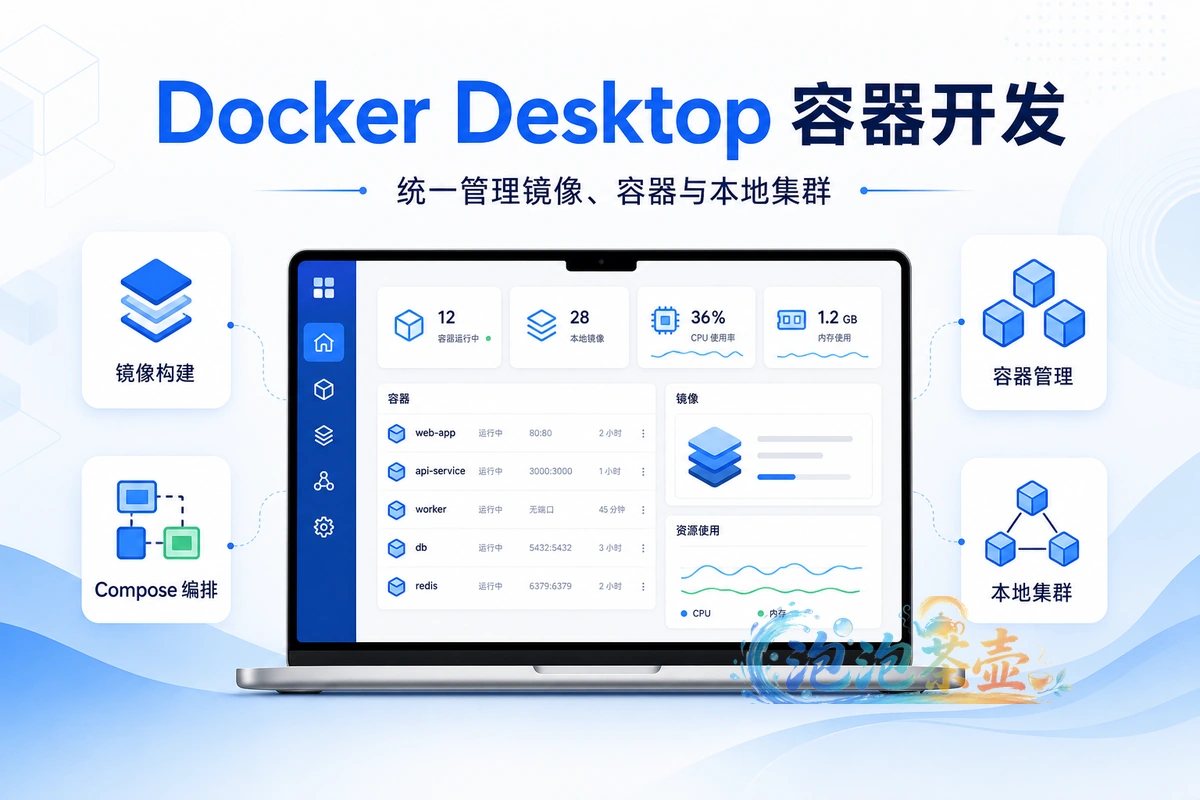 Docker Desktop 容器开发环境封面,展示镜像构建、Compose 编排、容器管理和本地集群