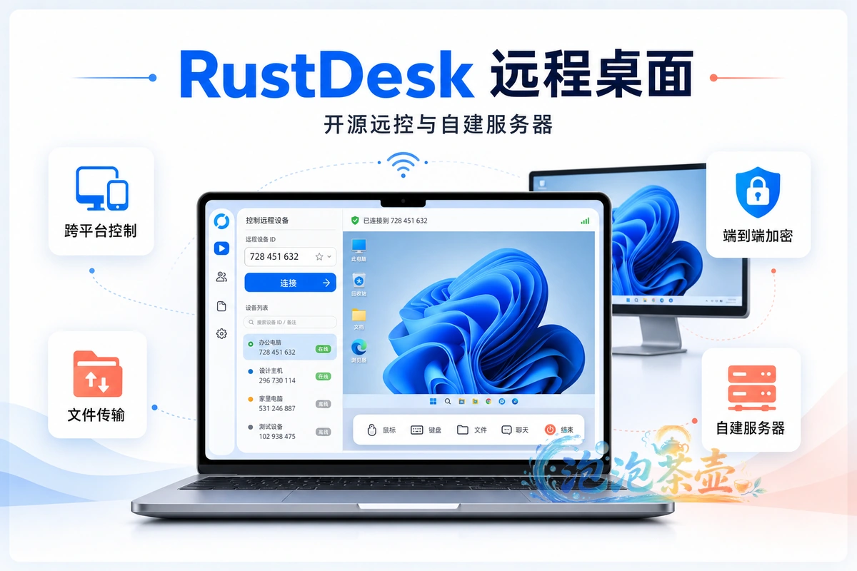 RustDesk 跨平台远程控制、文件传输与自建服务器功能示意