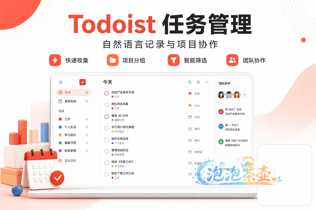 Todoist 任务管理软件封面,展示项目清单、日期和团队协作界面