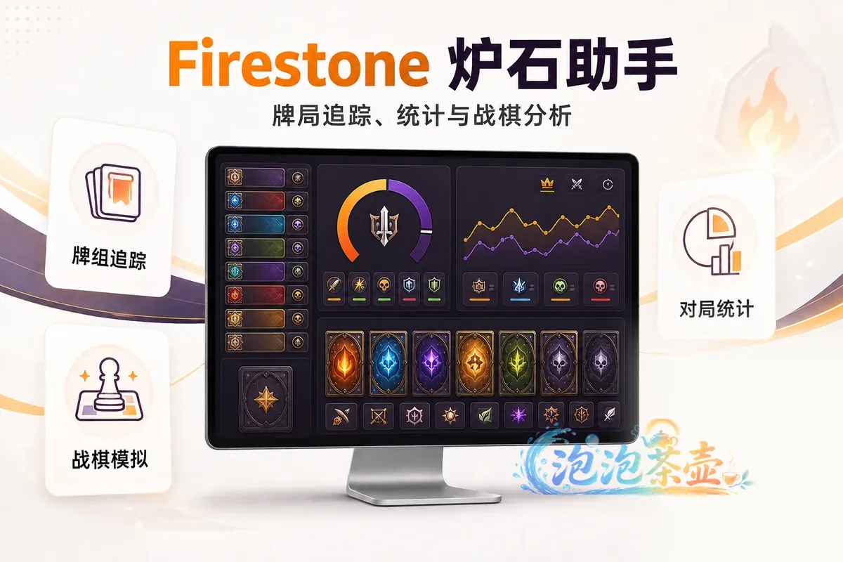 Firestone 炉石助手封面,展示牌组追踪、战棋模拟与对局统计界面