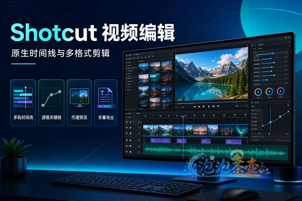 Shotcut 视频编辑器封面,展示多轨时间线、滤镜与字幕导出