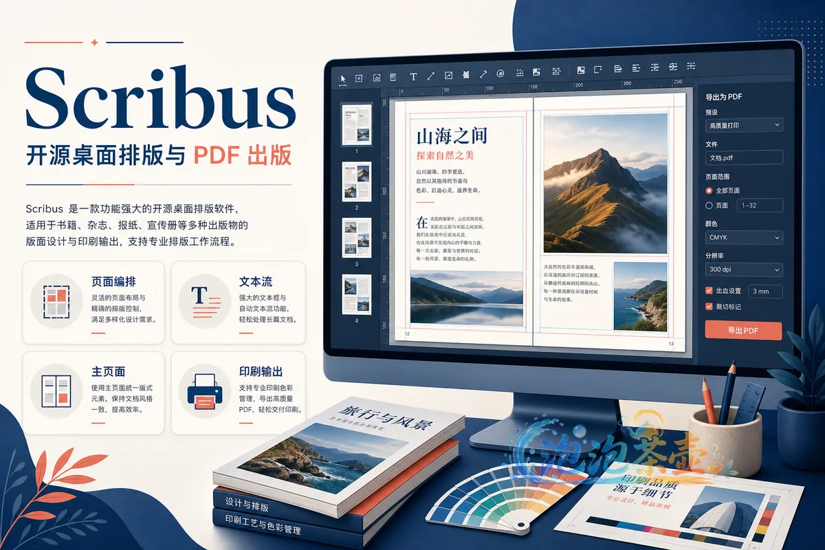 Scribus 开源桌面排版软件封面,展示页面编排、文本流、主页面和 PDF 输出