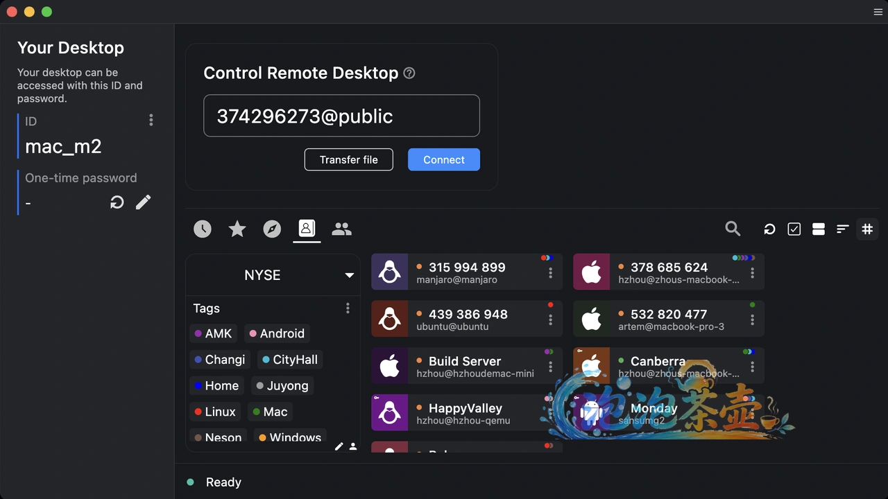 RustDesk 客户端设备列表、远程连接与文件传输界面