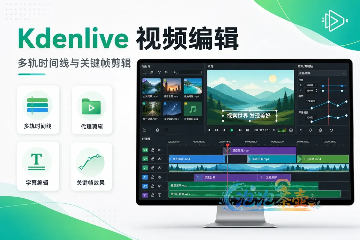 Kdenlive 视频编辑器封面,展示多轨时间线、代理剪辑、字幕与关键帧效果