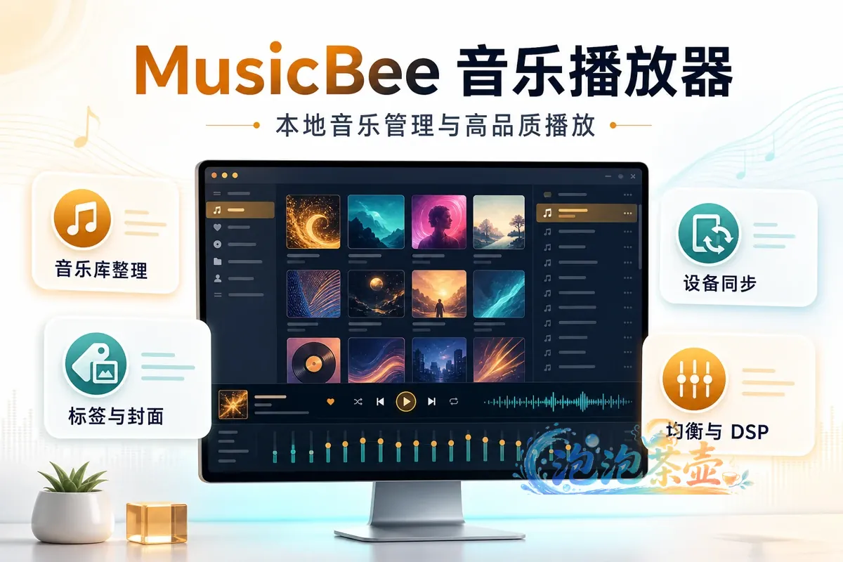 MusicBee 音乐播放器封面,展示音乐库整理、标签与封面、设备同步和均衡调节
