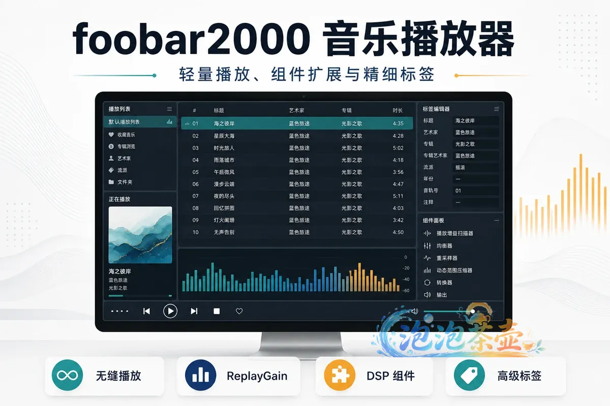 foobar2000 音乐播放器封面,展示无缝播放、ReplayGain、DSP 组件与高级标签