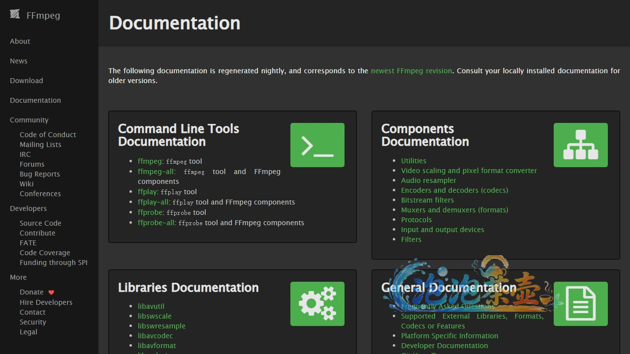 FFmpeg 官方文档页面，展示命令行工具、组件、库与通用文档入口