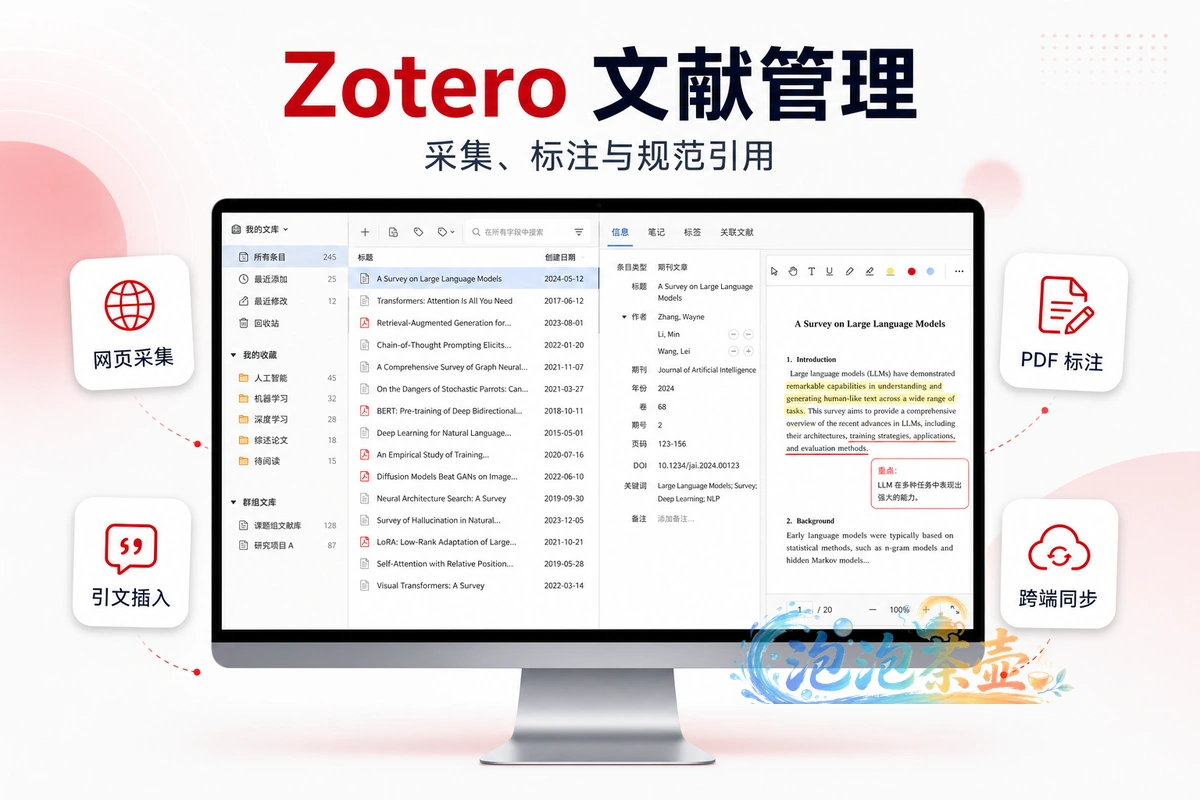 Zotero 文献采集、PDF 标注与引用管理功能示意