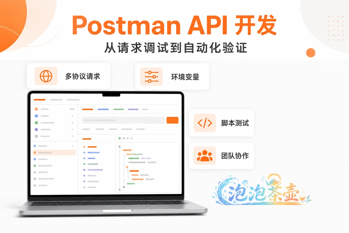 Postman API 开发工具封面,展示多协议请求、环境变量、脚本测试和团队协作