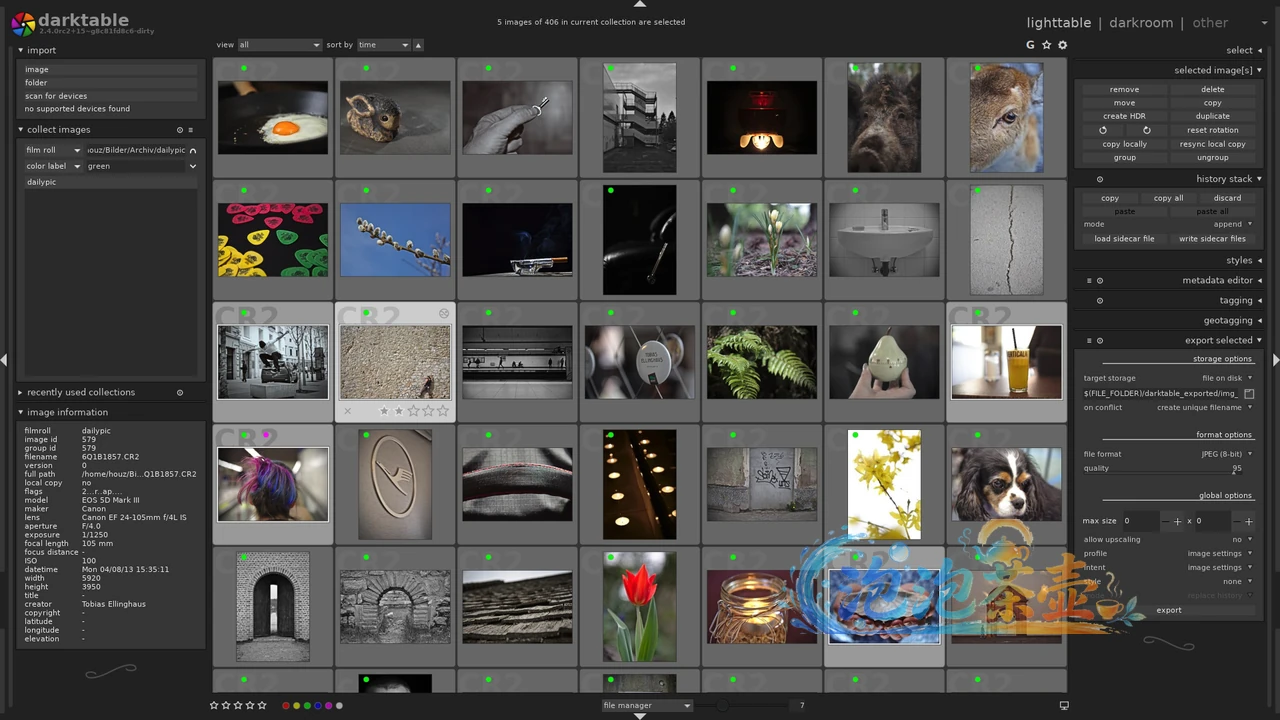 darktable lighttable 视图中的照片缩略图、集合筛选、元数据和批量导出面板