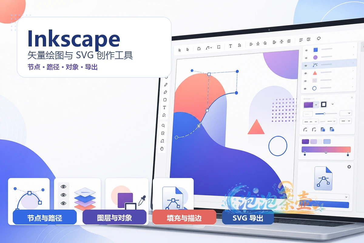 Inkscape 矢量绘图工具封面,展示节点路径、图层对象、填充描边与 SVG 导出