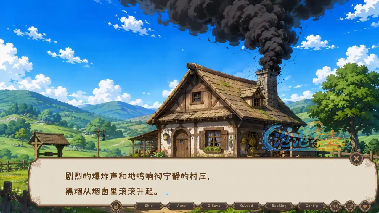 毫无防备的假小子受难村庄木屋冒出黑烟及爆炸事件的中文剧情画面